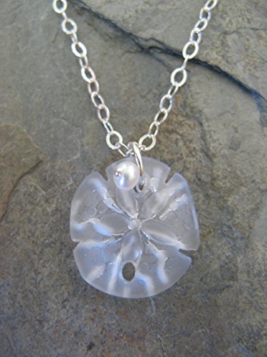Clear Sea Glass Sand Dollar & Pearl Sterling Silver Necklace / Beach Glass