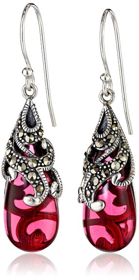 Sterling Silver Marcasite and Red Glass Teardrop Earrings