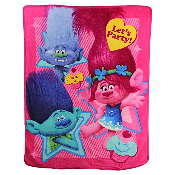 Kid's Colorful Character Micro Raschel Throw Blanket 46" x 60" (Trolls "Let's Party")