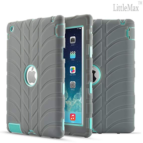 iPad 2 iPad 3 iPad 4 Case- LittleMax Silicone Shockproof [Heavy Duty] Rugged Drop Resistance Tyre Strip Pattern Anti-Slip Dual Layer Protective Cover for Apple iPad 2/3/4-03 Grey Mint