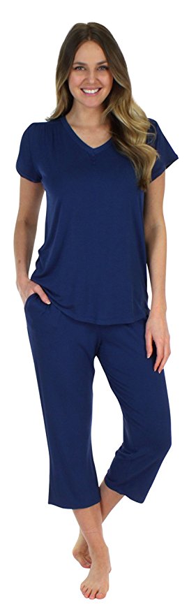 Pajama Heaven Women's Sleepwear Bamboo Jersey V-Neck and Capri Pajama PJ Set
