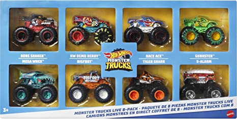 Hot Wheels Monster Trucks Live 8-Pack, Multipack of 1:64 Scale Toy Monster Trucks, Characters from The Live Show, Smashing & Crashing Trucks, Gift for Kids 3 Years Old & Up