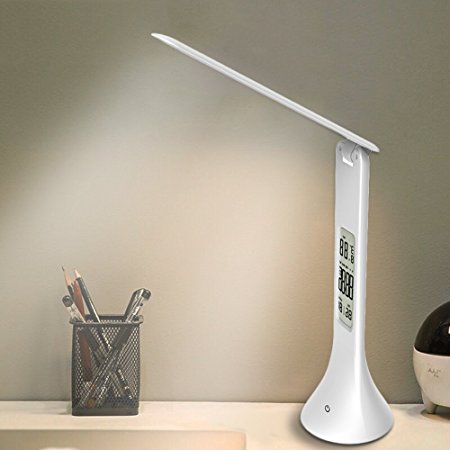 Desk Lamp, XIAOKOA LED Dimming Touch Light, Office Lamp with LCD display, Creative Leather Texture Light With Alarm Clock and Calendar Table Lamp, 3 Brightness levels