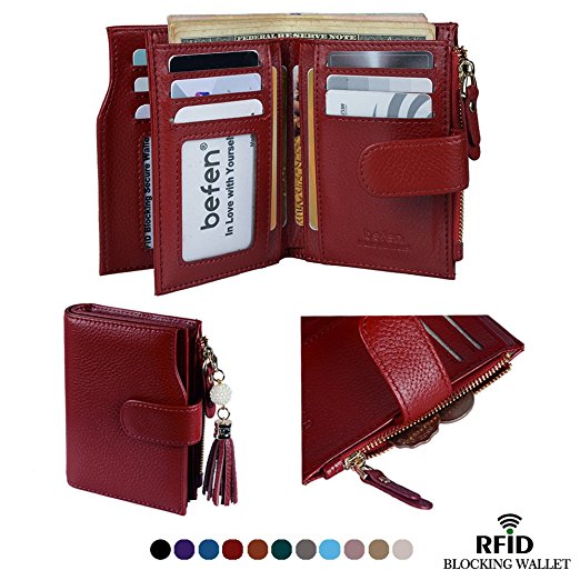 Befen Women's RFID Blocking Luxury Full Grain Genuine Leather Bifold Trifold Wallet Multi Card Organizer Holders for Ladies