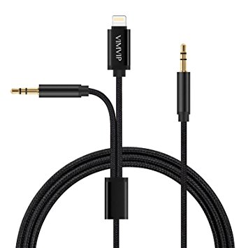 VIMVIP 2 in 1 Nylon iPhone 7 Car Audio Cable Lightning to 3.5mm Aux Cord Adapter with 3.5mm Auxiliary Audio Splitter for iPhone 7 / iPhone 7 Plus,iPads,Android Phones,Home / Car Stereos (Black)