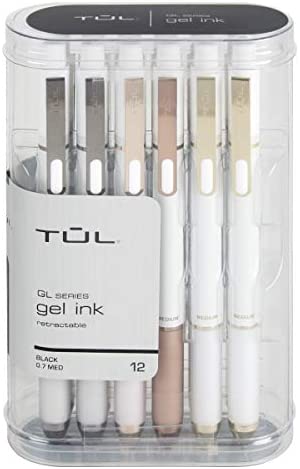 TUL Retractable Gel Pens, Medium Point, 0.7 mm, Pearl White Barrel, Black Ink, Pack of 12 Pens