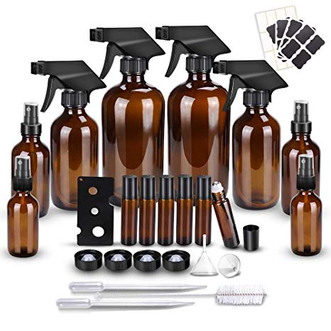 Glass Spray Bottle Kits, BonyTek Empty 6 10 ml Roller Bottles, 8 Amber Essential Oil Bottle(16oz,8oz,4oz,2oz) with Labels for Aromatherapy Cleaning Products