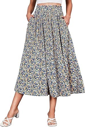 Zeagoo Women's Midi Skirts Elastic High Waist Skirt Polka Dot Casual Pleated Skirt with Pockets