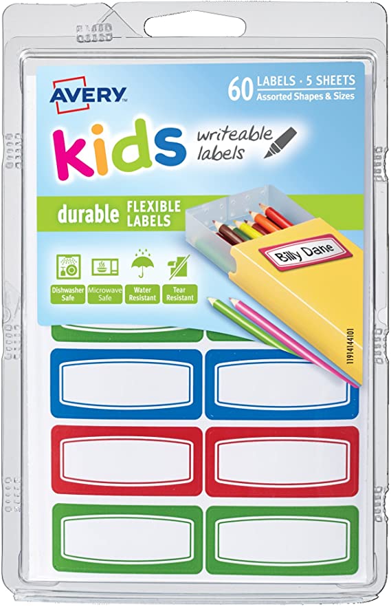 Avery 0.75 x 1.75 Inches Kids Durable Labels, Assorted, Pack of 60 (41441)