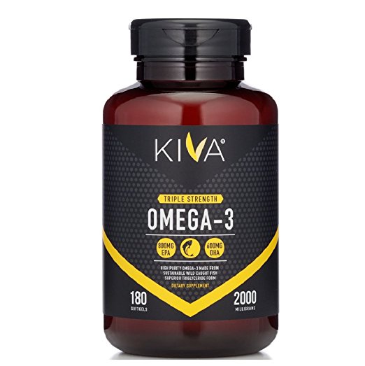Kiva Omega-3 Fish Oil - Triple Strength, Superior Triglyceride Form, IFOS 5 Star Certified, NON-GMO, Heavy Metal and PCBs Tested with No Fishy Burps, (180 Softgels)