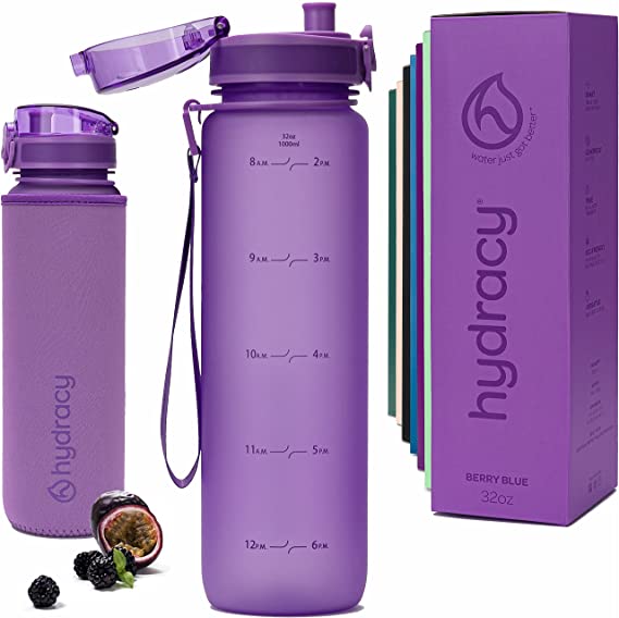 Hydracy Water Bottle with Time Marker - Large 1 Liter BPA Free Water Bottle - Leak Proof & No Sweat Gym Bottle with Fruit Infuser Strainer for Fitness or Sport & Outdoors - Berry Blue