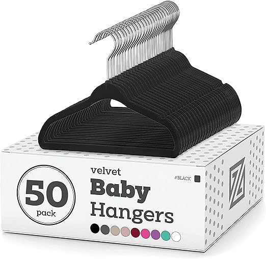 Zober Velvet Baby Hangers for Closet - Pack of 50 Non Slip Toddler Hangers for Shirts, Pants & Dresses w/Swivel Hook - Durable Infant Hangers w/Notches - Small Kids Hangers - Black