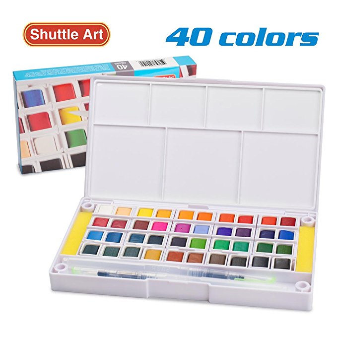 Watercolor Paint Set,40 colors Watercolors Field Sketch Set with Brush - Travel Case includes 2 Water Brushs - 2 Sponges - 1 Mixing Palette, Perfect For Painting