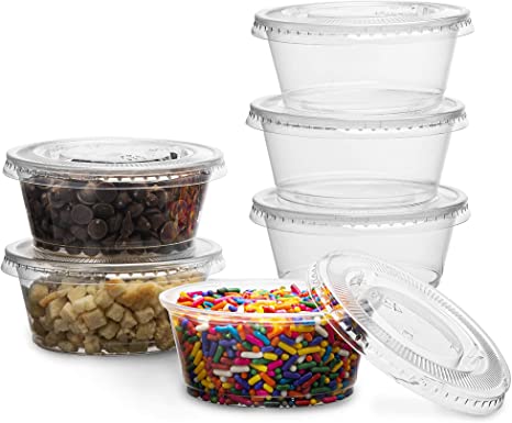 PlastiMade Clear Disposable Plastic Portion Cups With Lids (100 Sets - 3.25 Oz) - Disposable Condiment Cups, Sauce/Dip/Dressing Cups, Souffle Cups & Jello Shot Cups With Lids | Great Sampling Containe
