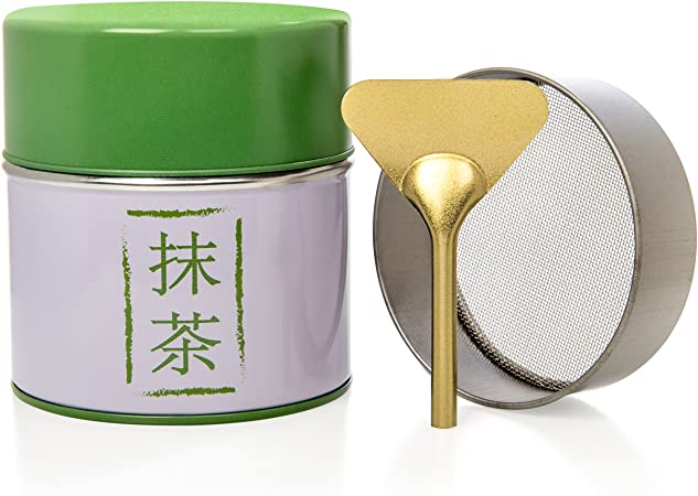 Tealyra - Matcha Plated Aluminum Tin and Stainless Steel Mesh Sifter and Scoop - Matcha Green Tea Strainer Can - Removable Sifter Part - Make Perfect Matcha - Holds Up To 113g (4-ounce)