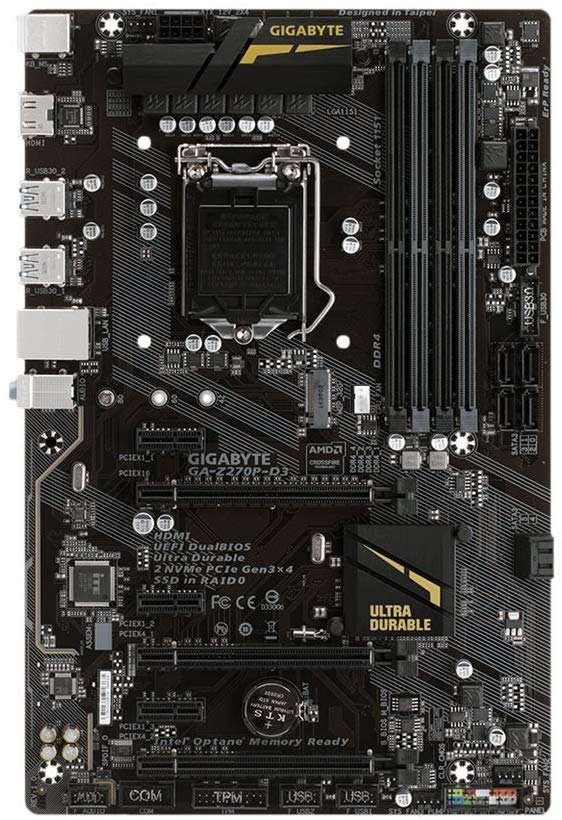 Gigabyte GA-Z270P-D3 7/6th Generation Motherboard - Black (Intel Core i3/i5/i7 Processors, LGA 1151, Dual Channel DDR4, USB 3.1, PCI-E 3.0, PCI-E x1, SATA 6 GB, USB2)