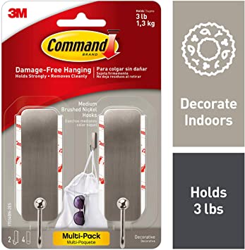 Command 17034BN-2ES Brushed Nickel, 2 Hooks Per Pack Medium Decorative