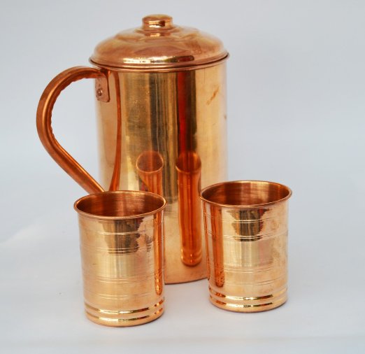 2 Pieces Drinking Water Glasses With 1 Copper Pitcher Jug , The Great Ayurveda Product