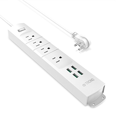 TROND Prime II 4-Outlet Mountable Surge Protector Power Strip with USB Charger (4A / 20W), Right-Angle Flat Plug & 6.6 Feet Long Cord, for Workbench, Nightstand, Dresser, Home & Office - White