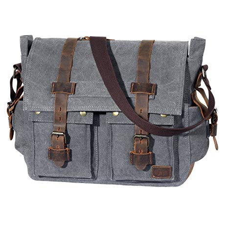 Lifewit 15.6''-17.3" Laptop Messenger Shoulder Bag Men’s Vintage Military Leather Canvas Briefcase Cross-body Bags (15.6'' Grey)