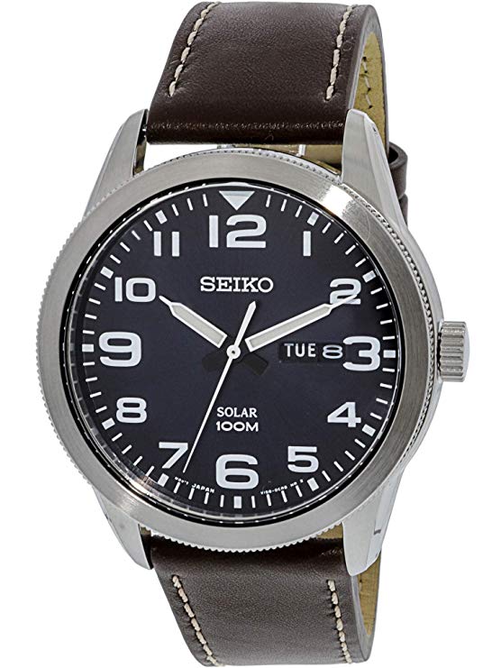 Seiko Mens Analogue Solar Powered Watch with Leather Strap SNE475P1