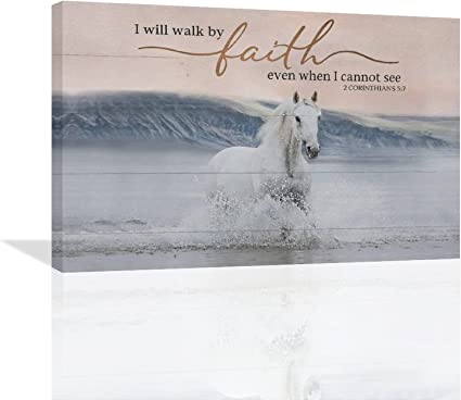 UrbanAutoParts Coastal Horse Canvas Wall Art White Horse Running on the Ocean Pictures Prints Wall Decor Inspirational Quotes Walk by Faith Decor White Horse Wall Art