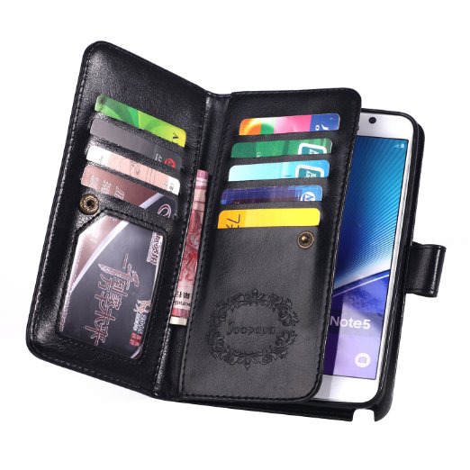 Note 5 Case, Galaxy Note 5 Case, Joopapa Galaxy Note 5 Wallet Case,Pu Leather Case Magnet Wallet Credit Card Holder Flip Cover Case Built-in 9 Card Slots & Stand Case for Samsung Galaxy Note 5 (Black)