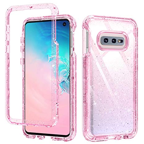 DUEDUE S10e Case Clear,Galaxy S10e Case,3 in 1 Glitter Shockproof Drop Protection Heavy Duty Hybrid Hard PC Transparent TPU Bumper Full Protective Case for Samsung Galaxy S10e 5.8 2019,Clear/Rose Gold