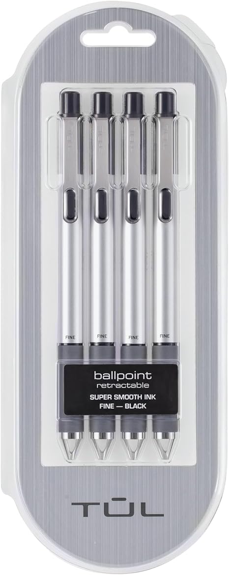 TUL BP3 Ballpoint, Retractable, Fine Point, 0.8 mm, Silver Barrel, Black Ink, Pack Of 4