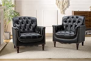 HULALA HOME Genuine Leather Armchair Set of 2, Contemporary Leather Accent Chair with Button Tufted & Nailhead Trims, Top Layer Leather Armchair with Curved Armrests, Black