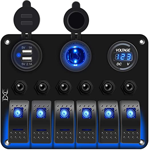 FXC Waterproof Marine Boat Rocker Switch Panel 6 Gang with 3.1A Dual USB Slot Socket   Cigarette Lighter  LED Voltmeter with Overload Protection for Car Rv Vehicles Truck (6 Gang Blue LED)