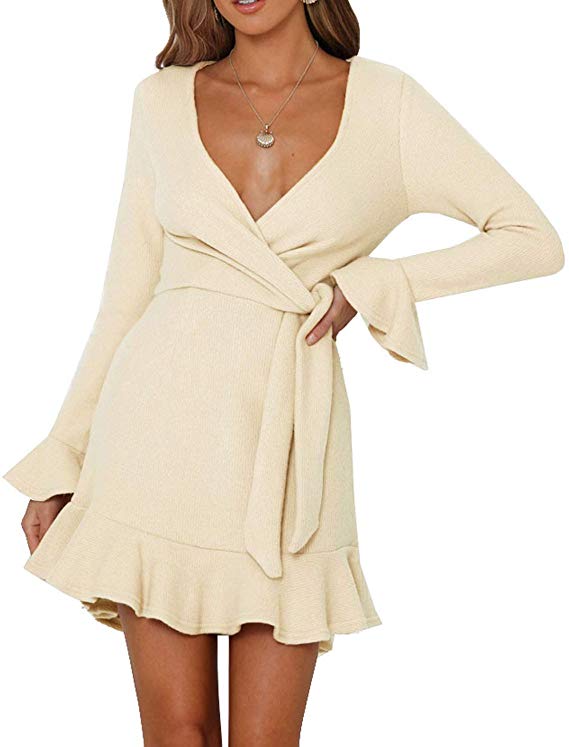 R.Vivimos Women's Winter Long Sleeve V Neck Ruffles Sweater Dresses Mini Dresses