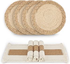 Handmade Boho Placemats Set of 4 - Natural Cotton Burlap and Water Straw Woven Combination Table Mats, Macrame Décor and Farmhouse Style Placemats, for Dining Table Kitchen