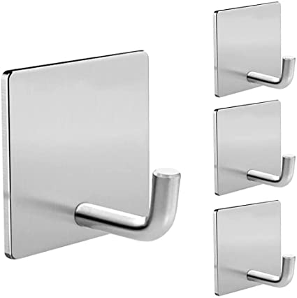 Adhesive Hooks Heavy Duty Stick on Wall Door Cabinet Stainless Steel Towel Coat Clothes Hooks Self Adhesive Holders for Hanging Kitchen Bathroom Home - 4 Pack