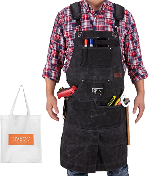 RIVECO Work Apron for Men with Pockets for Tools, Waxed Canvas Leather Pad for Woodworking Safety Wear