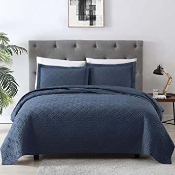 EXQ Home Quilt Set Full Queen Size Navy 3 Piece,Lightweight Microfiber Coverlet Modern Style Squares Pattern Bedspread Set