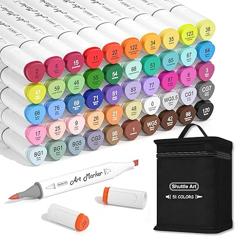 Shuttle Art Alcohol Markers Brush tip, Dual Tip Brush & Chisel Tip Art Marker Set, 50 Colors plus 1 Blender Permanent Marker Pens with Case Perfect for Illustration Students Adults Coloring Sketching