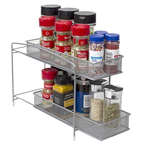 Home Basics SS41965 2 Tier Mesh Steel Helper Shelf Spice & Condiments Rack with Removable Sliding Baskets, Ideal for Cabinet Kitchen Countertop Pantry, Silver