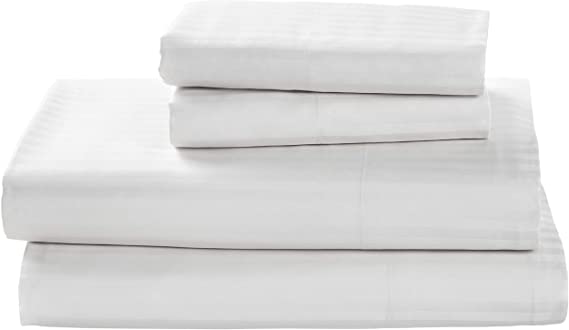 Stone & Beam 100% Cotton Dobby Stripe Sateen Bed Sheet Set, Queen, White