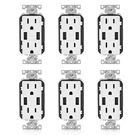 Leviton T5632-W 6 Pack 15 Amp Combination Duplex Decora Receptacle and USB Charger/Tamper Resistant, White