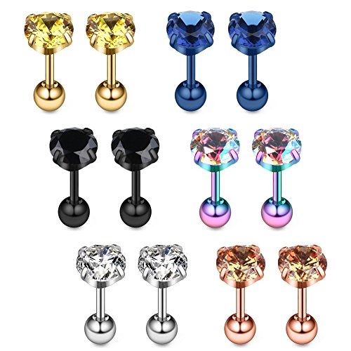 Ruifan 18G Stainless Steel Mix Color Cubic Zirconia Tragus Earrings For Women Helix Earring Stud Body Jewelry Piercing Set 4-8mm 6Pairs