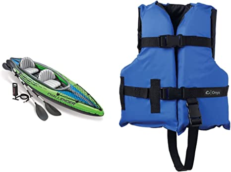 Intex Challenger K2 Kayak, 2-Person Inflatable Kayak Set with Aluminum Oars and High Output Air-Pump, Grey/Blue (68306EP) & Onyx General Purpose Boating Life Jacket Universal, Blue