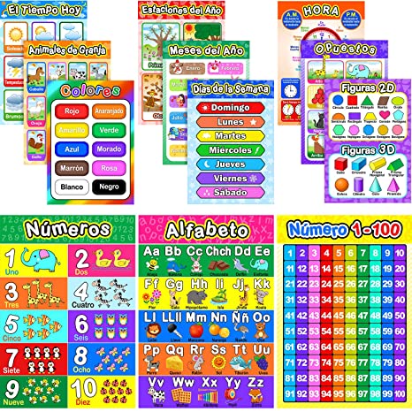 Educational Spanish Preschool Poster with Glue Point Dot for Homeschool Kindergarten Classroom, Spanish Posters Classrooms Decorations-Teach Numbers Alphabet Colors and More 16 x 11 Inch (12 Pieces)