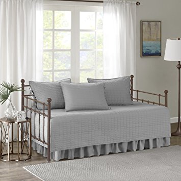 Comfort Spaces - Kienna Daybed Set - Stitched Quilt Pattern - 5 Pieces - Grey - Includes 1 Bed Spread, 1 Bed Skirt and 3 Pillow Cases