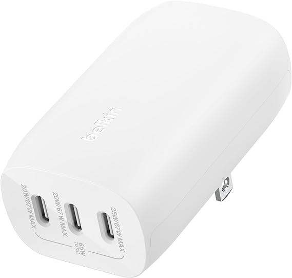 Belkin BoostCharge 3-Port USB-C Wall Charger with PPS 67W, USB-C PD 3.1 Enabled Fast Charging iPhone Charger for iPhone 15 Series, MacBook Pro, AirPods, Galaxy, and Other PD Enabled Devices - White