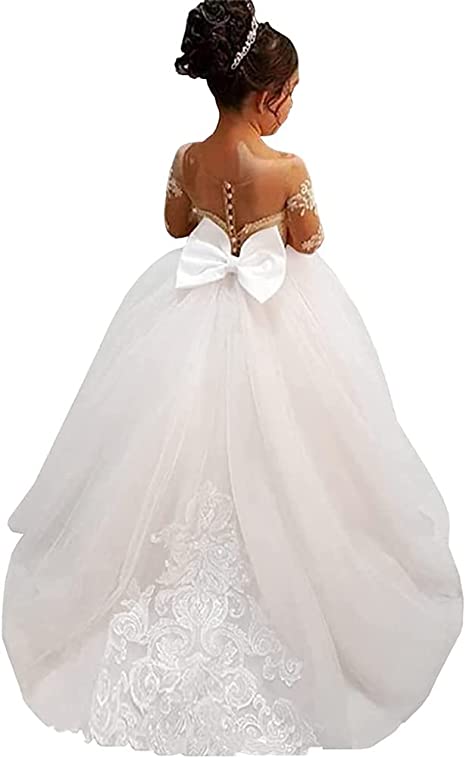 Abaowedding Lace Embroidery Sheer Long Sleeves Kids Trailing Gowns