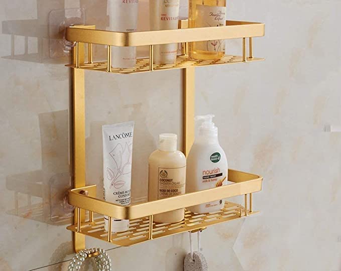 Thick Adhesive 2-Tier Corner Bathroom Shelf Aluminum Shower Storage Towel Bar Basket Shelf Rack Organiser with Hooks Bathroom Accessories (Rectangle,Gold)