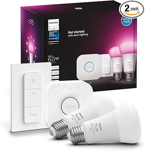 Philips Hue White and Color Ambiance Smart BulbStarter Kit - Includes a Bridge, Dimmer Switch, and (2) 60W A19 LED Smart Color Changing Bulbs E26 - Control with Voice or Hue App