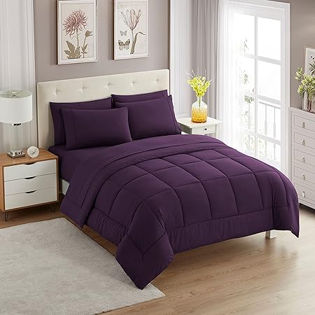 Sweet Home Collection 7 Piece Comforter Set Bag Solid Color All Season Soft Down Alternative Blanket & Luxurious Microfiber Bed Sheets, Purple, Twin