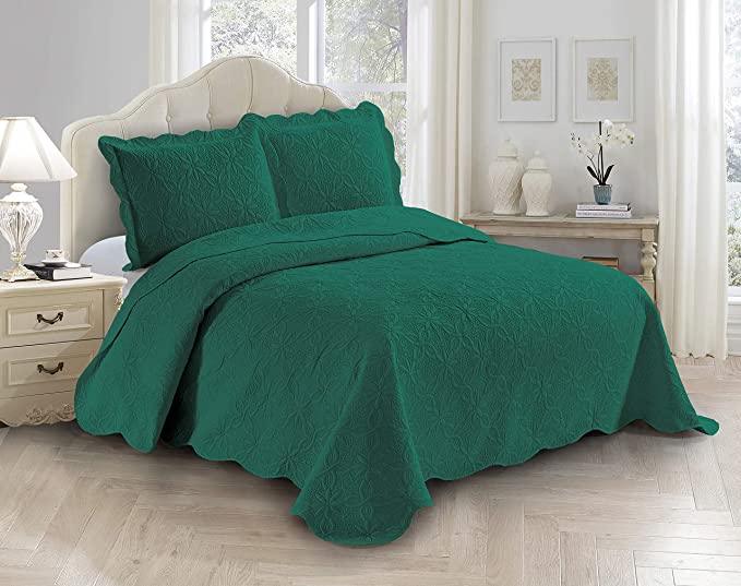 Fancy Linen 3pc Embossed Coverlet Bedspread Set Oversized Bed Cover Solid Floral Daisy Pattern New # Allis (King/California King, Hunter Green)